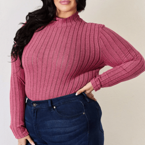 Full Size Ribbed Mock Neck Hot pink Long Sleeve T-Shirt